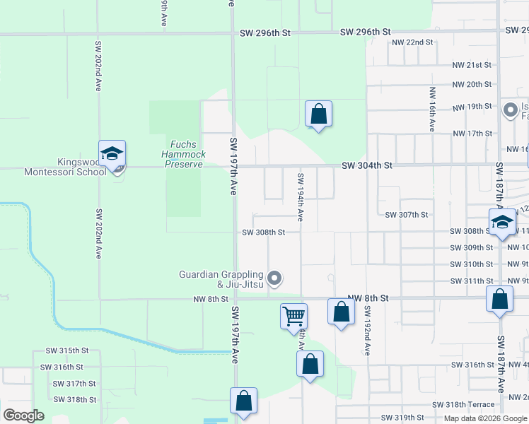 map of restaurants, bars, coffee shops, grocery stores, and more near 19501 Southwest 307th Street in Homestead