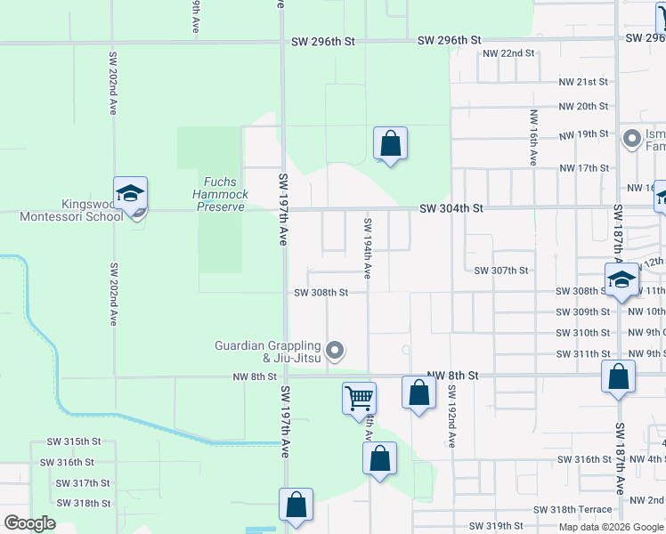 map of restaurants, bars, coffee shops, grocery stores, and more near 19501 Southwest 307th Street in Homestead