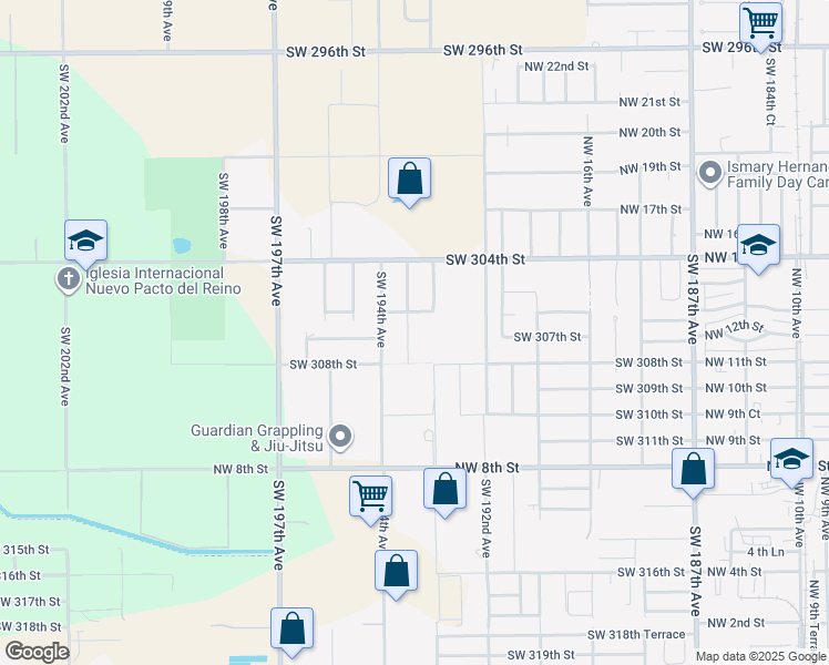 map of restaurants, bars, coffee shops, grocery stores, and more near 30661 Southwest 193rd Court in Homestead