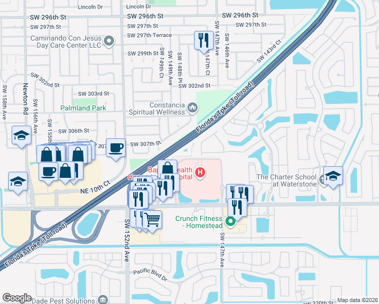 map of restaurants, bars, coffee shops, grocery stores, and more near 1128 Northeast 31st Terrace in Homestead