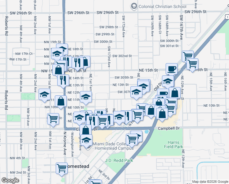 map of restaurants, bars, coffee shops, grocery stores, and more near 381 Northeast 12th Street in Homestead