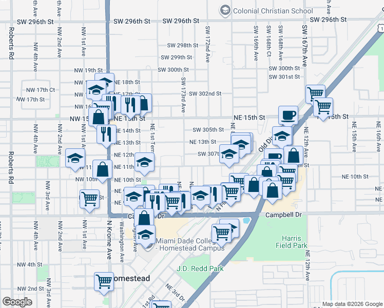 map of restaurants, bars, coffee shops, grocery stores, and more near 381 Northeast 12th Street in Homestead