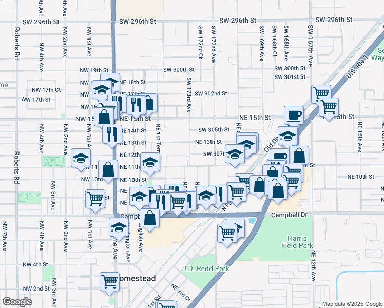map of restaurants, bars, coffee shops, grocery stores, and more near 381 Northeast 12th Street in Homestead