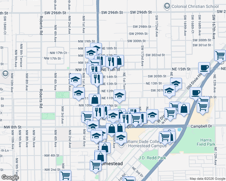 map of restaurants, bars, coffee shops, grocery stores, and more near 99 Northeast 12th Street in Homestead