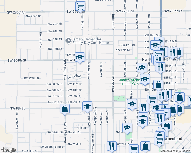 map of restaurants, bars, coffee shops, grocery stores, and more near 845 Northwest 12th Street in Homestead