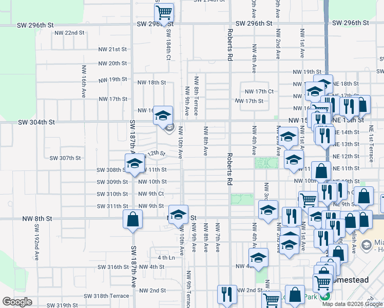 map of restaurants, bars, coffee shops, grocery stores, and more near 845 Northwest 12th Street in Homestead