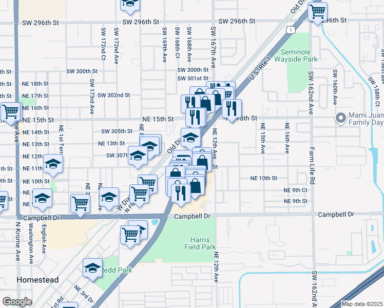 map of restaurants, bars, coffee shops, grocery stores, and more near 27533 South Dixie Highway in Homestead