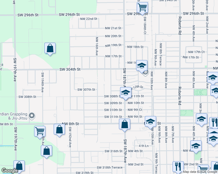 map of restaurants, bars, coffee shops, grocery stores, and more near 30660 SW 188th Ave in Homestead