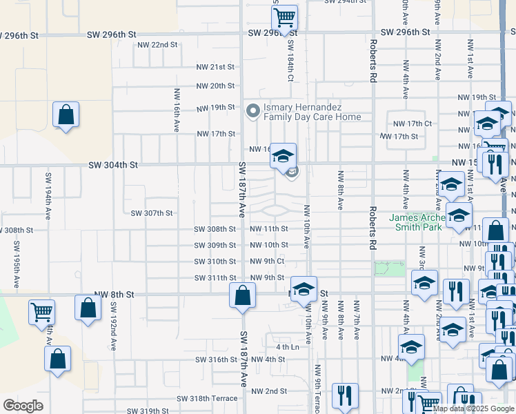 map of restaurants, bars, coffee shops, grocery stores, and more near 1315 Northwest 12th Street in Homestead