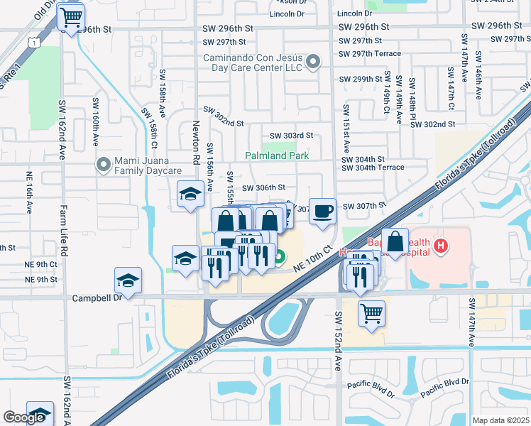 map of restaurants, bars, coffee shops, grocery stores, and more near 30730 Southwest 154th Avenue in Homestead