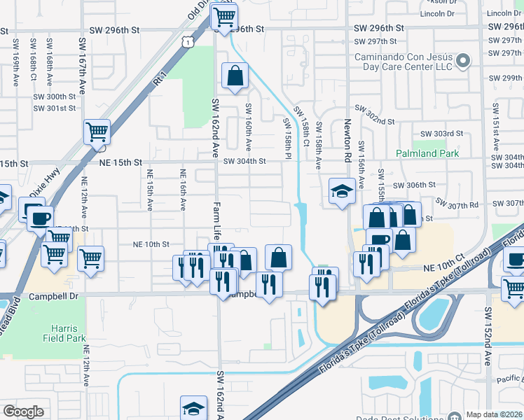 map of restaurants, bars, coffee shops, grocery stores, and more near 15937 Southwest 307 Terrace in Homestead