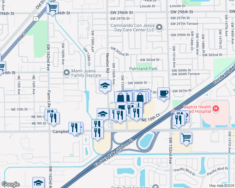 map of restaurants, bars, coffee shops, grocery stores, and more near 15560 Southwest 307th Street in Homestead