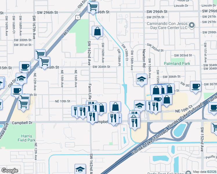 map of restaurants, bars, coffee shops, grocery stores, and more near 15937 Southwest 307 Terrace in Homestead