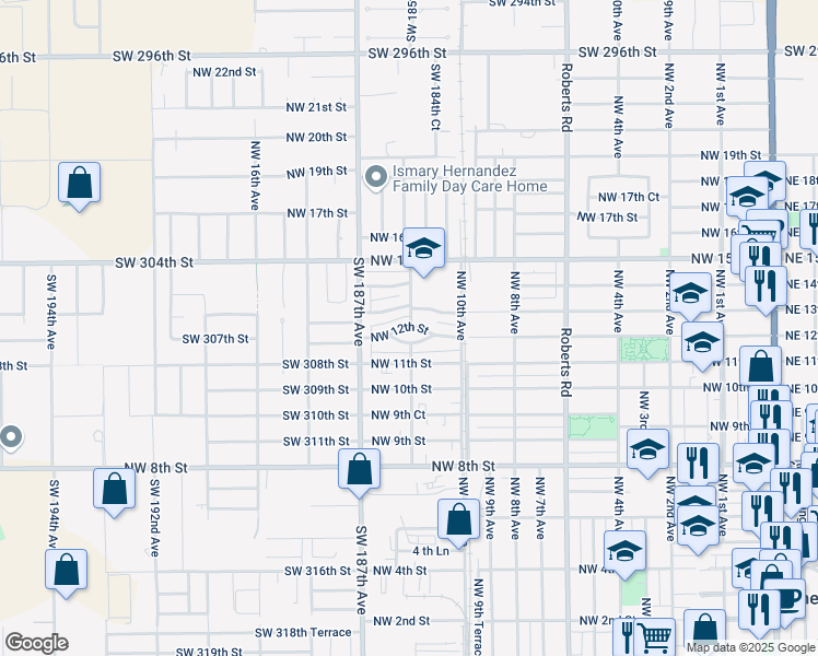 map of restaurants, bars, coffee shops, grocery stores, and more near 1150 Northwest 12th Street in Homestead