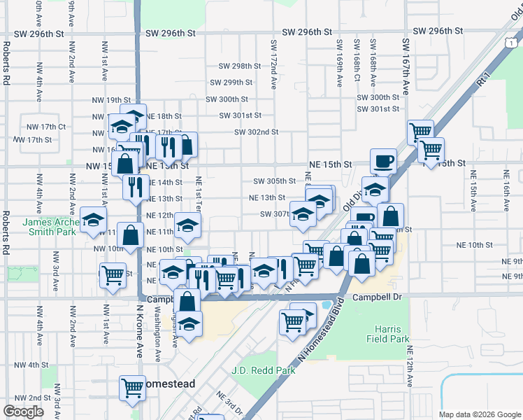 map of restaurants, bars, coffee shops, grocery stores, and more near 381 Northeast 12th Street in Homestead