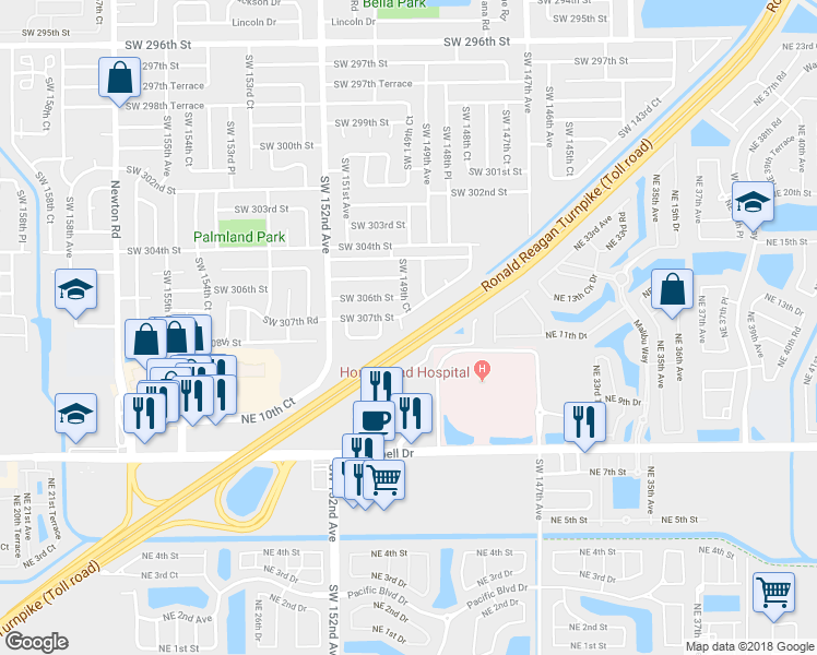 map of restaurants, bars, coffee shops, grocery stores, and more near 30723 Southwest 149th Place in Homestead