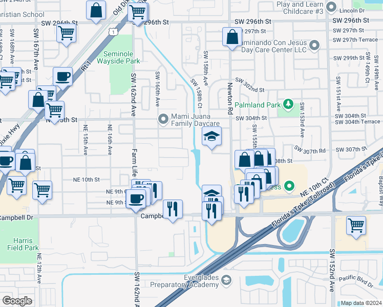 map of restaurants, bars, coffee shops, grocery stores, and more near 30665 Southwest 158th Avenue in Homestead