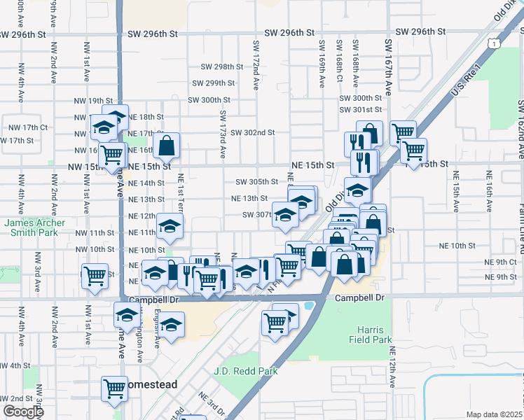 map of restaurants, bars, coffee shops, grocery stores, and more near 601 Northeast 12th Street in Homestead