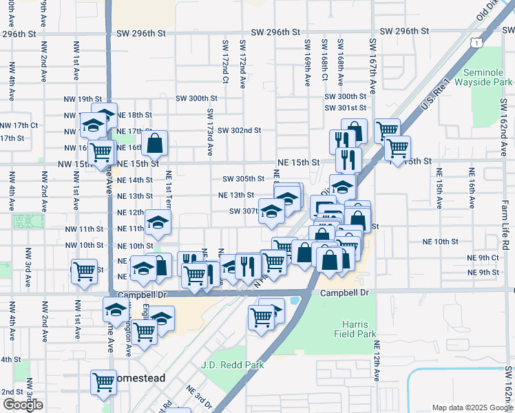 map of restaurants, bars, coffee shops, grocery stores, and more near 601 Northeast 12th Street in Homestead