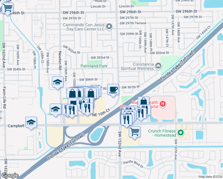 map of restaurants, bars, coffee shops, grocery stores, and more near 15230 Southwest 307th Road in Homestead