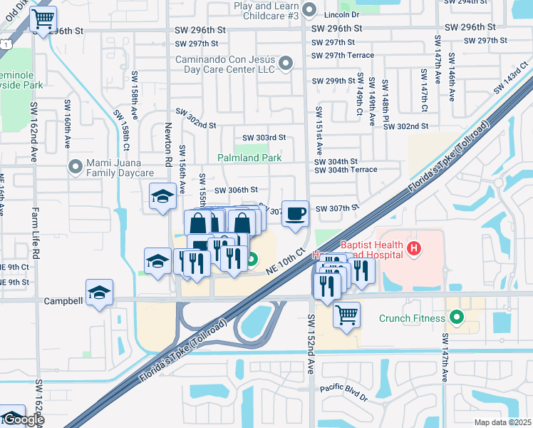 map of restaurants, bars, coffee shops, grocery stores, and more near 15300 Southwest 307th Road in Homestead