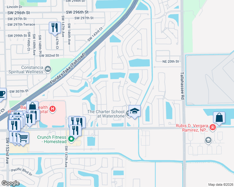 map of restaurants, bars, coffee shops, grocery stores, and more near 1166 Northeast 37th Place in Homestead