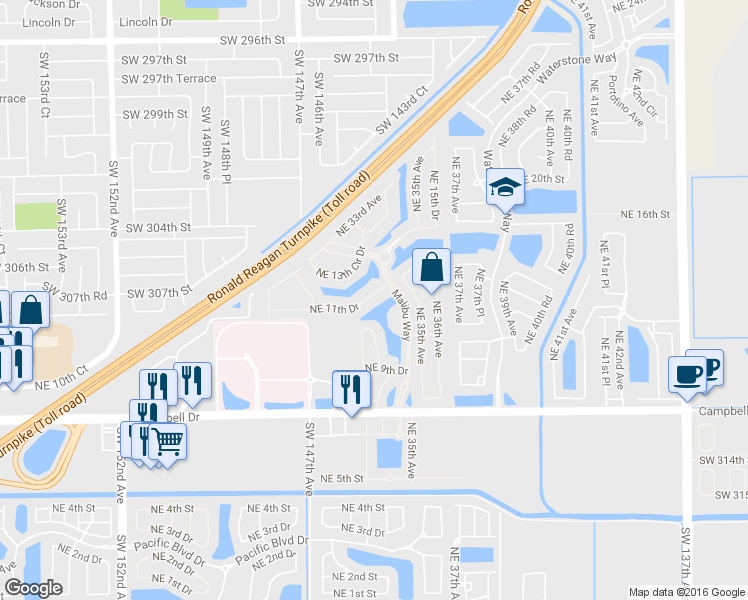 map of restaurants, bars, coffee shops, grocery stores, and more near 3374 Northeast 11th Drive in Homestead