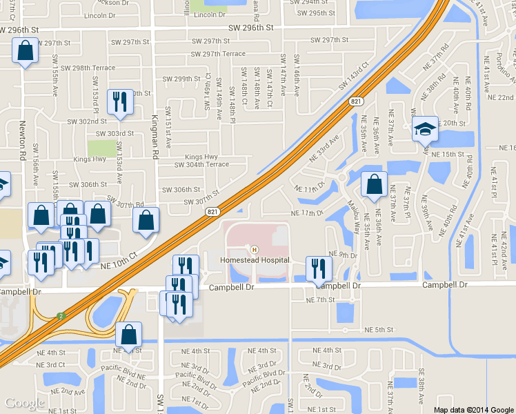 map of restaurants, bars, coffee shops, grocery stores, and more near 1170 Northeast 32nd Avenue in Homestead
