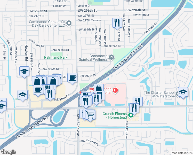 map of restaurants, bars, coffee shops, grocery stores, and more near 30723 Southwest 149th Place in Homestead