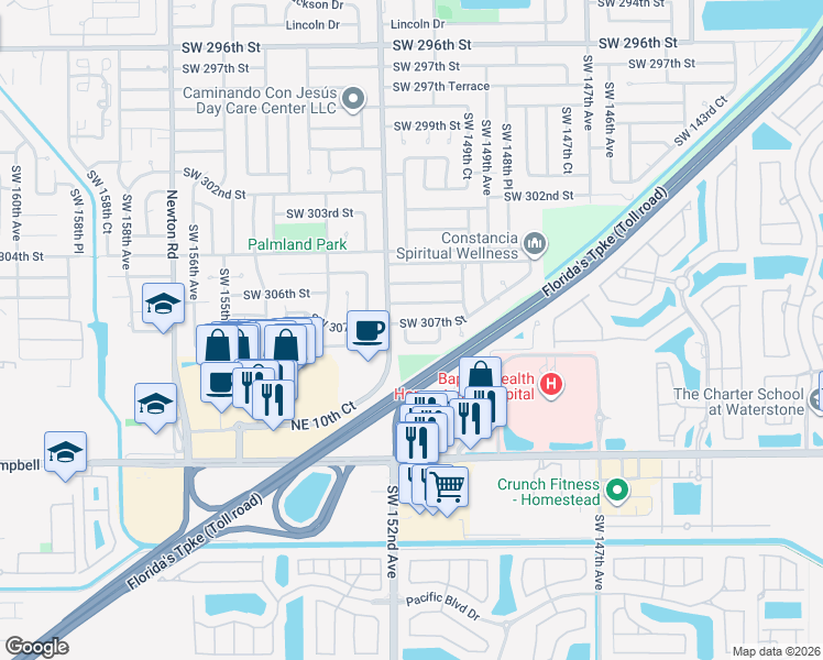map of restaurants, bars, coffee shops, grocery stores, and more near 30700 Southwest 151st Court in Homestead