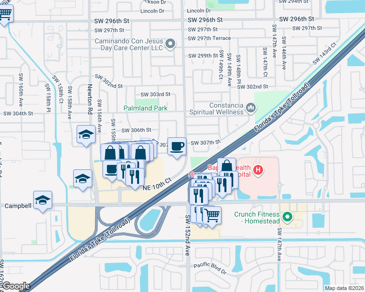 map of restaurants, bars, coffee shops, grocery stores, and more near 30700 Southwest 151st Court in Homestead