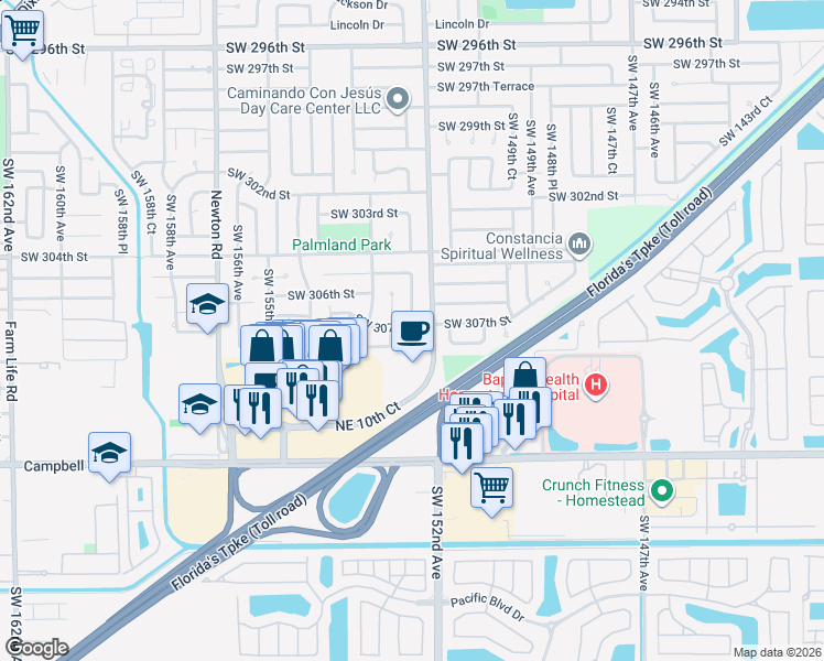 map of restaurants, bars, coffee shops, grocery stores, and more near 15230 Southwest 307th Road in Homestead