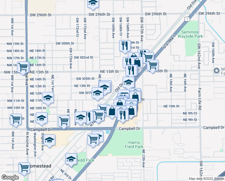 map of restaurants, bars, coffee shops, grocery stores, and more near 835 Northeast 12th Street in Homestead