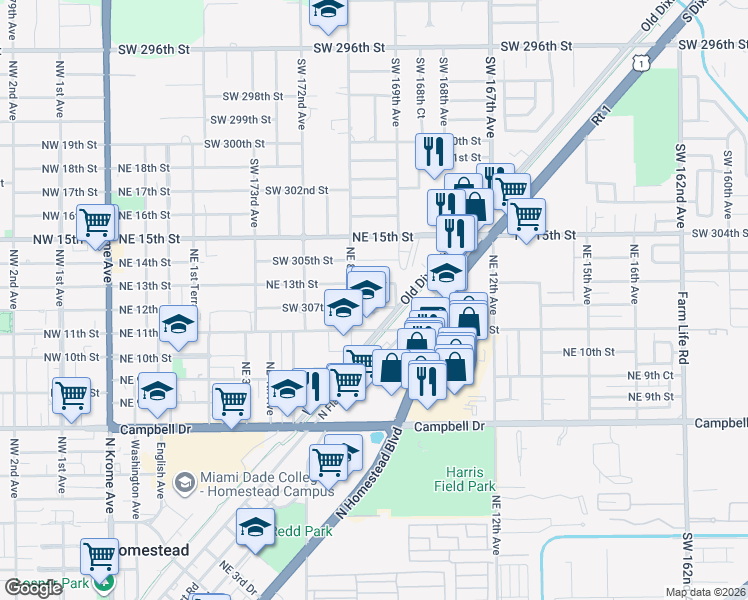 map of restaurants, bars, coffee shops, grocery stores, and more near 835 Northeast 12th Street in Homestead