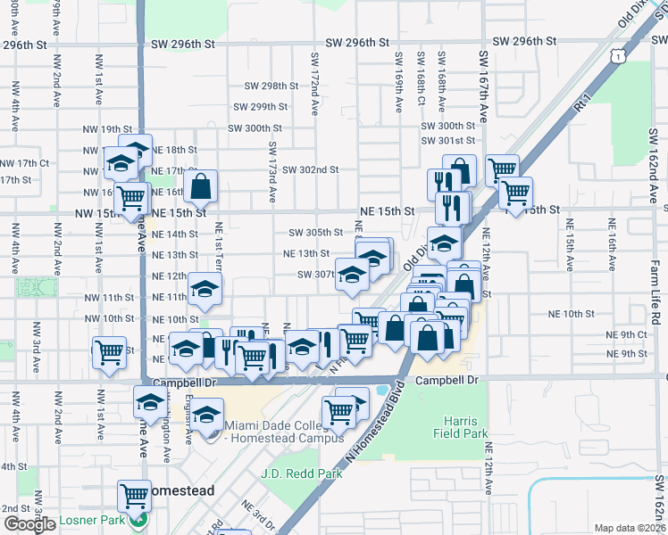 map of restaurants, bars, coffee shops, grocery stores, and more near 601 Northeast 12th Street in Homestead