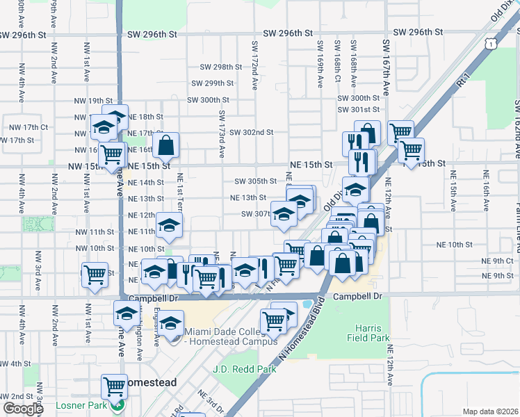 map of restaurants, bars, coffee shops, grocery stores, and more near 601 Northeast 12th Street in Homestead