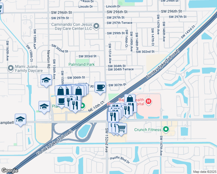 map of restaurants, bars, coffee shops, grocery stores, and more near 30700 Southwest 151st Court in Homestead
