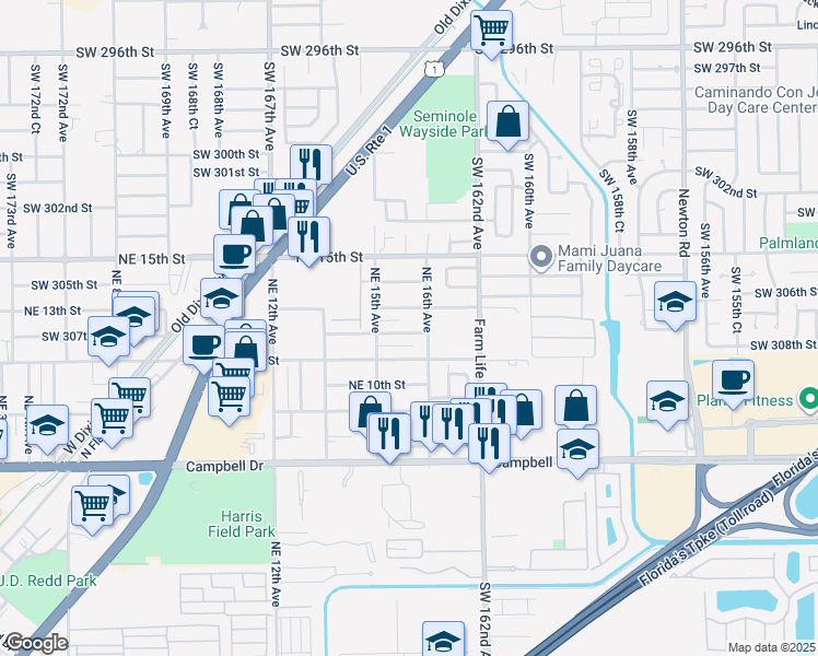 map of restaurants, bars, coffee shops, grocery stores, and more near 1561 Northeast 12th Street in Homestead