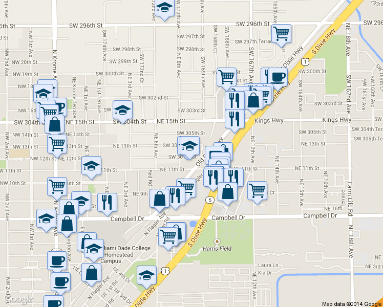 map of restaurants, bars, coffee shops, grocery stores, and more near 835 Northeast 12th Street in Homestead