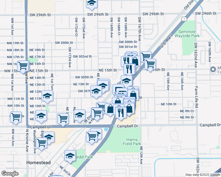 map of restaurants, bars, coffee shops, grocery stores, and more near 835 Northeast 12th Street in Homestead