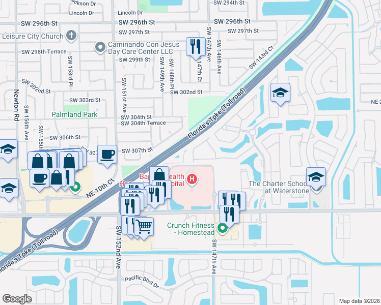 map of restaurants, bars, coffee shops, grocery stores, and more near 1170 Northeast 32nd Avenue in Homestead