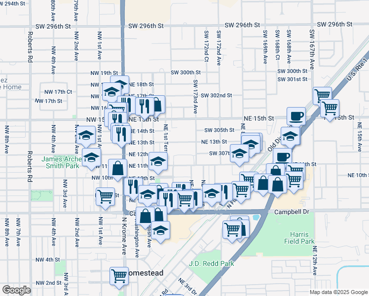 map of restaurants, bars, coffee shops, grocery stores, and more near 1230 Northeast 3rd Terrace in Homestead