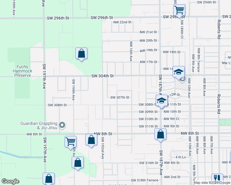 map of restaurants, bars, coffee shops, grocery stores, and more near 19063 Southwest 306th Street in Homestead