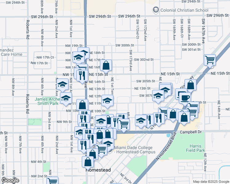 map of restaurants, bars, coffee shops, grocery stores, and more near 1225 Northeast 1st Terrace in Homestead