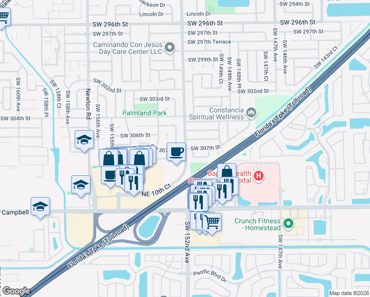 map of restaurants, bars, coffee shops, grocery stores, and more near 15937 Southwest 307th Street in Homestead