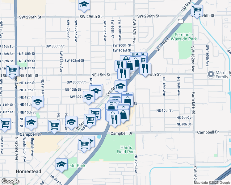 map of restaurants, bars, coffee shops, grocery stores, and more near 27533 South Dixie Highway in Homestead