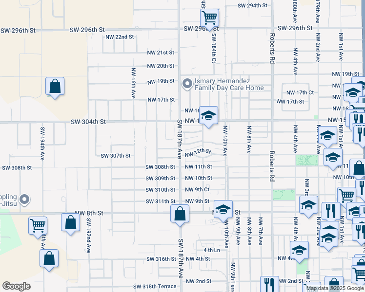 map of restaurants, bars, coffee shops, grocery stores, and more near 1315 Northwest 12th Street in Homestead