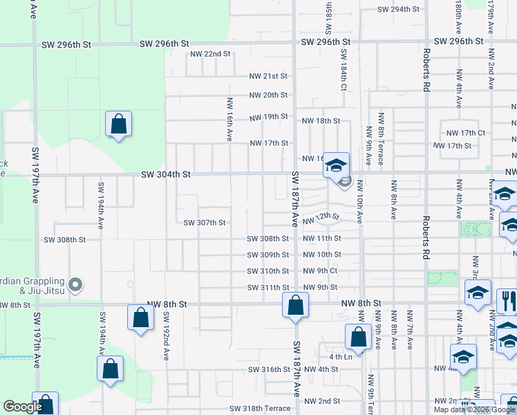 map of restaurants, bars, coffee shops, grocery stores, and more near 30660 Southwest 188th Avenue in Homestead