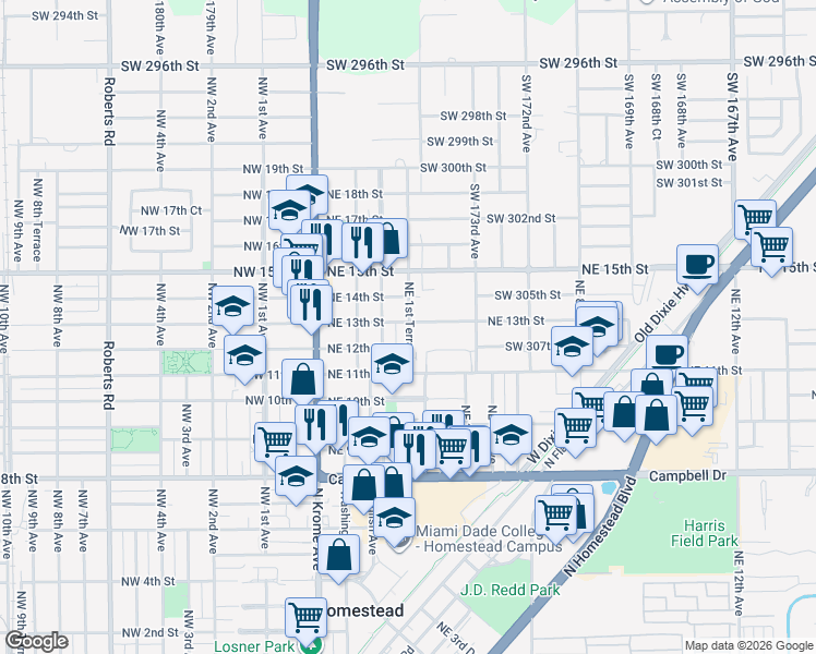 map of restaurants, bars, coffee shops, grocery stores, and more near 1225 Northeast 1st Terrace in Homestead