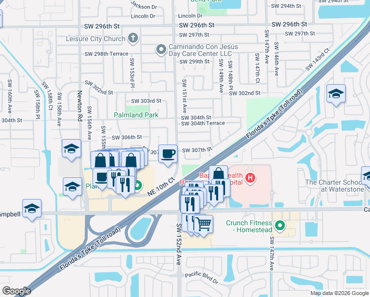 map of restaurants, bars, coffee shops, grocery stores, and more near 30700 Southwest 151st Court in Homestead